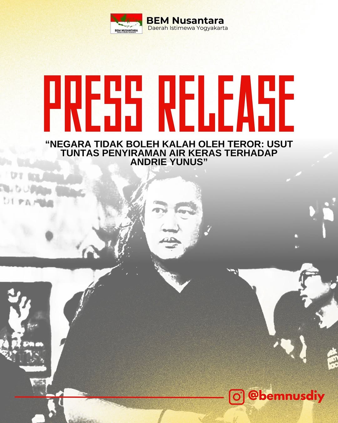 BEM Nusantara DIY Kecam Penyiraman Air Keras Terhadap Andrie Yunus, Desak Polri Usut Tuntas