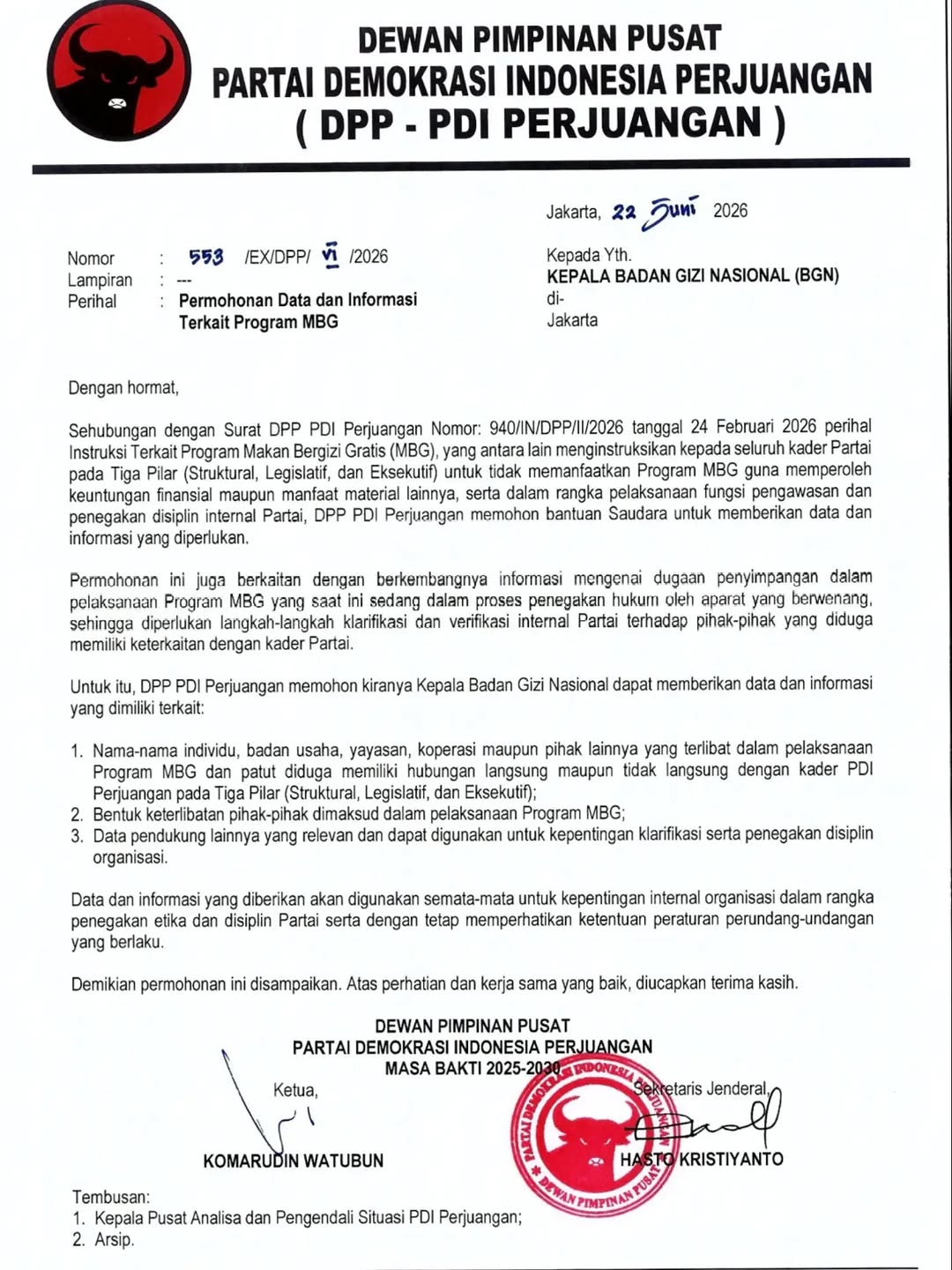 Usut Dugaan Kader “Main” di Program Makan Bergizi Gratis, DPP PDIP Surati Badan Gizi Nasional